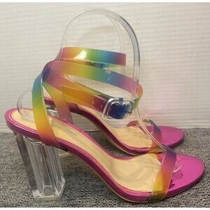 Gianni Bini Sandals Size 9.5M Pink Heels Rainbow Strappy Clear Lucite Block